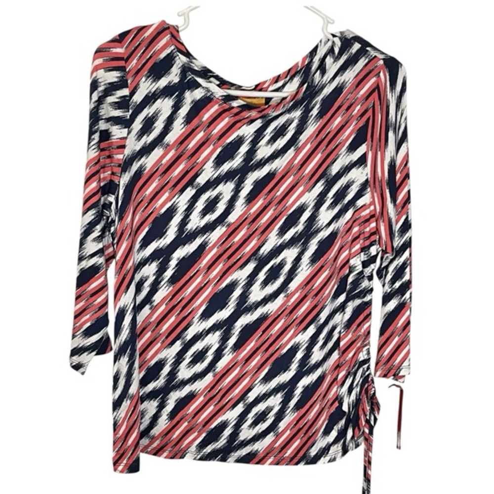 Ruby Rd. Petite PL Coral Navy Ikat Stripe Side Ruched Top 3/4‎ Sleeve Preppy PL